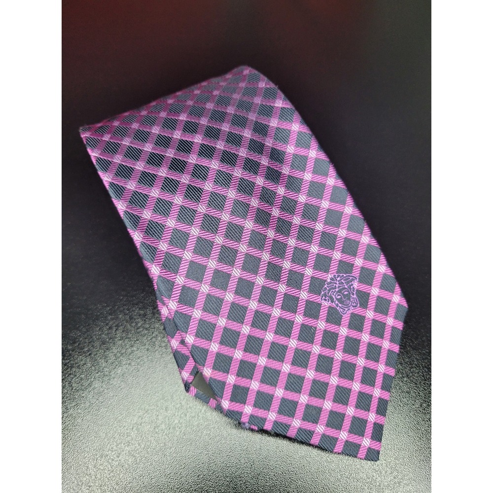 Versace Men's Necktie Purple Check Silk 3.75" x 58" Excellent